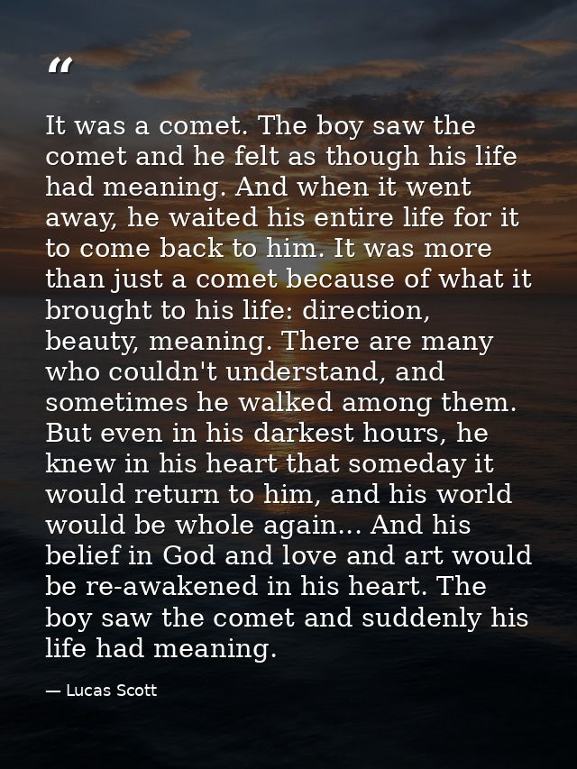 It was a comet. The boy saw the comet and he felt as though his life had meaning. And when it went away, he waited his e — Lucas Scott