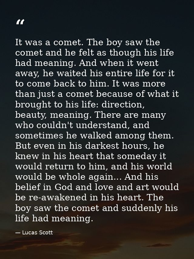 It was a comet. The boy saw the comet and he felt as though his life had meaning. And when it went away, he waited his e — Lucas Scott