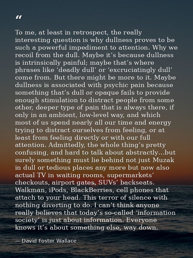 To me, at least in retrospect, the really interesting question is why dullness proves to be such a powerful impediment t — David Foster Wallace