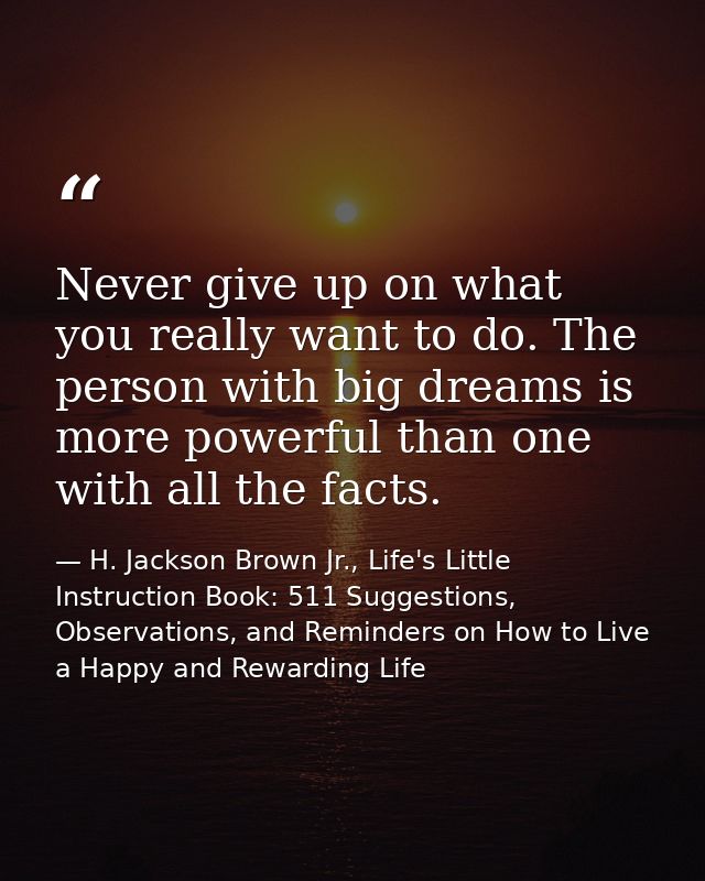 Never give up on what you really want to do. The person with big dreams is more powerful than one with all the facts. — H. Jackson Brown Jr., Life's Little Instruction Book: 511 Suggestions, Observations, and Reminders on How to Live a Happy and Rewarding Life