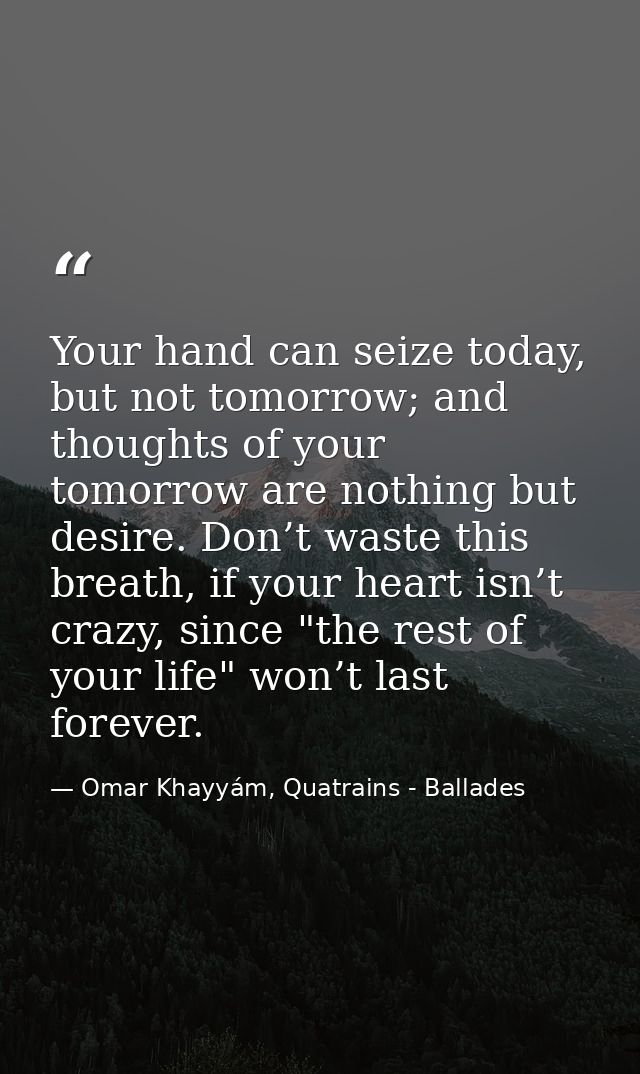 Your hand can seize today, but not tomorrow; and thoughts of your tomorrow are nothing but desire. Don’t waste this brea — Omar Khayyám, Quatrains - Ballades