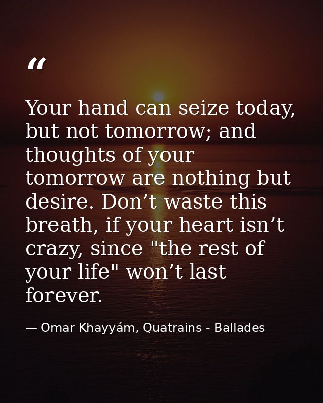 Your hand can seize today, but not tomorrow; and thoughts of your tomorrow are nothing but desire. Don’t waste this brea — Omar Khayyám, Quatrains - Ballades
