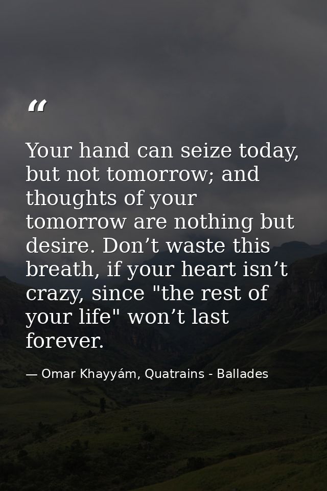 Your hand can seize today, but not tomorrow; and thoughts of your tomorrow are nothing but desire. Don’t waste this brea — Omar Khayyám, Quatrains - Ballades
