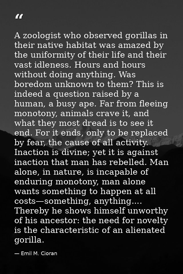 A zoologist who observed gorillas in their native habitat was amazed by the uniformity of their life and their vast idle — Emil M. Cioran