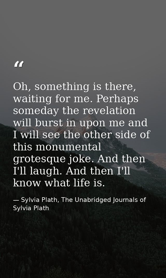 Oh, something is there, waiting for me. Perhaps someday the revelation will burst in upon me and I will see the other si — Sylvia Plath, The Unabridged Journals of Sylvia Plath