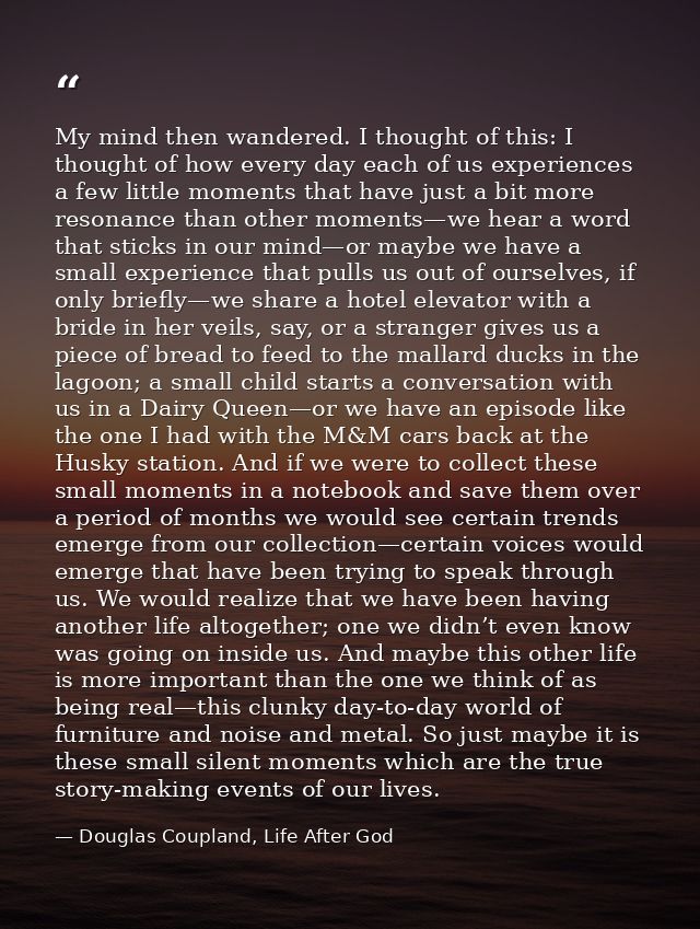 My mind then wandered. I thought of this: I thought of how every day each of us experiences a few little moments that ha — Douglas Coupland, Life After God