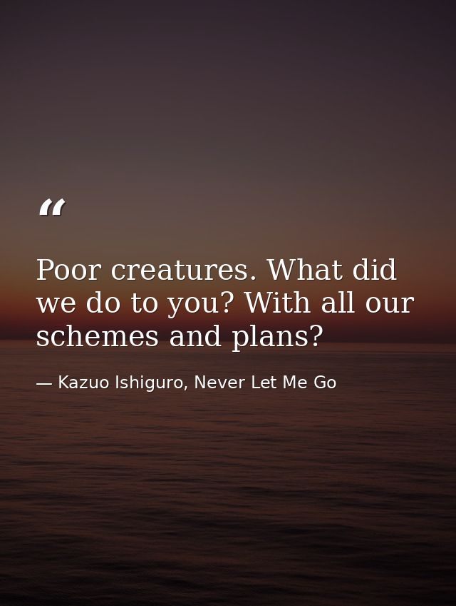Poor creatures. What did we do to you? With all our schemes and plans? — Kazuo Ishiguro, Never Let Me Go
