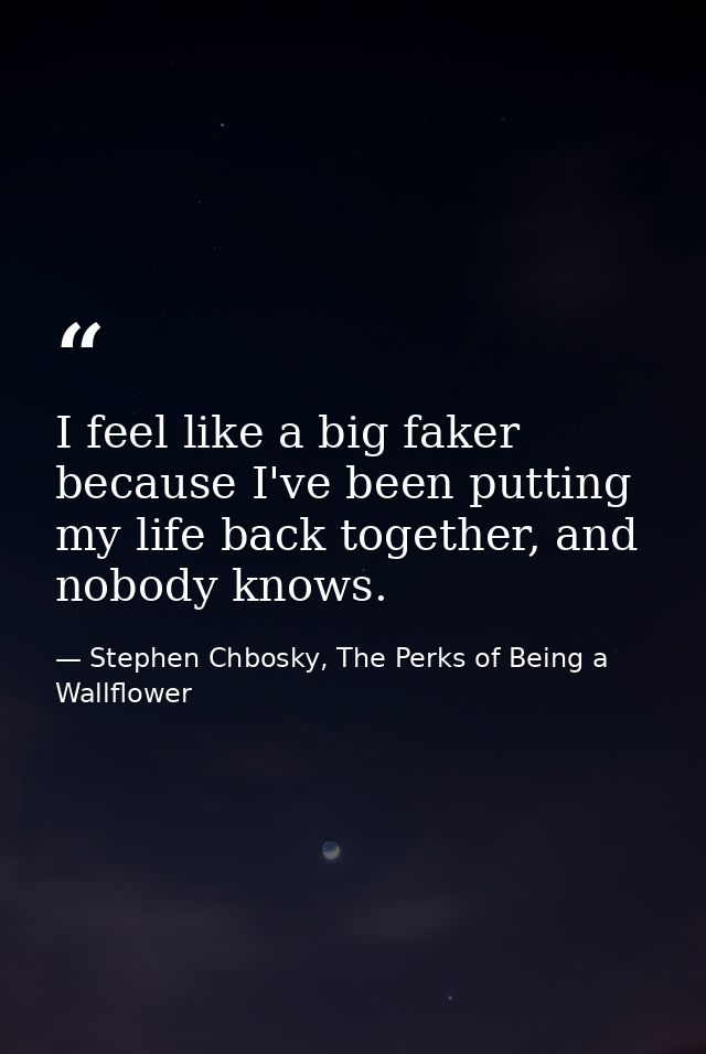 I feel like a big faker because I've been putting my life back together, and nobody knows. — Stephen Chbosky, The Perks of Being a Wallflower