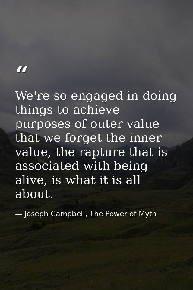 We're so engaged in doing things to achieve purposes of outer value that we forget the inner value, the rapture that is  — Joseph Campbell, The Power of Myth