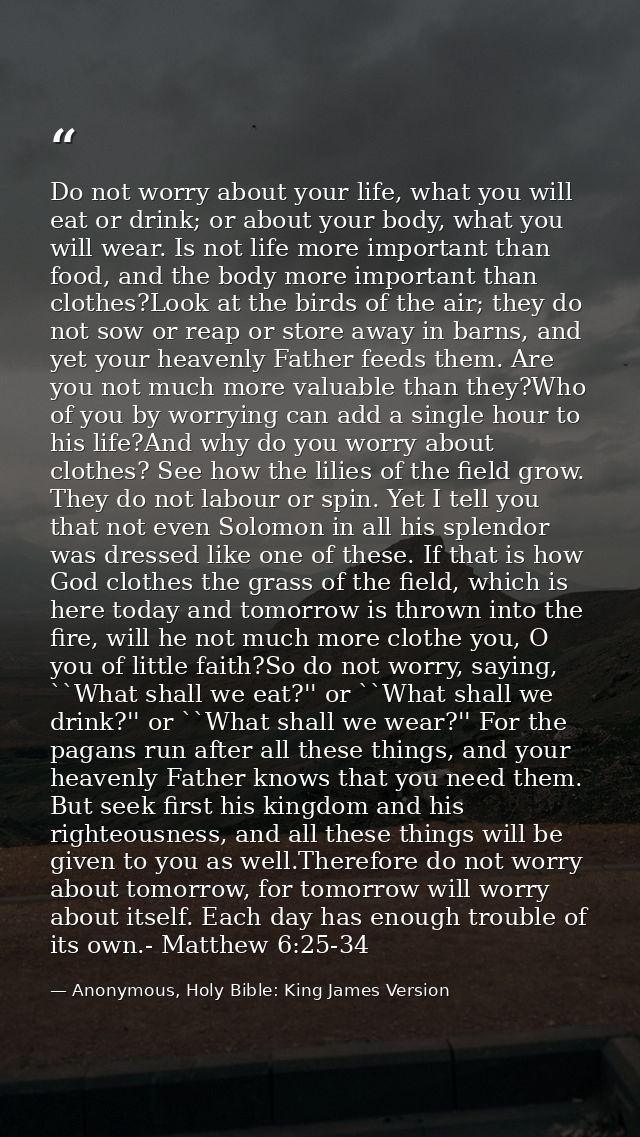 Do not worry about your life, what you will eat or drink; or about your body, what you will wear. Is not life more impor — Anonymous, Holy Bible: King James Version