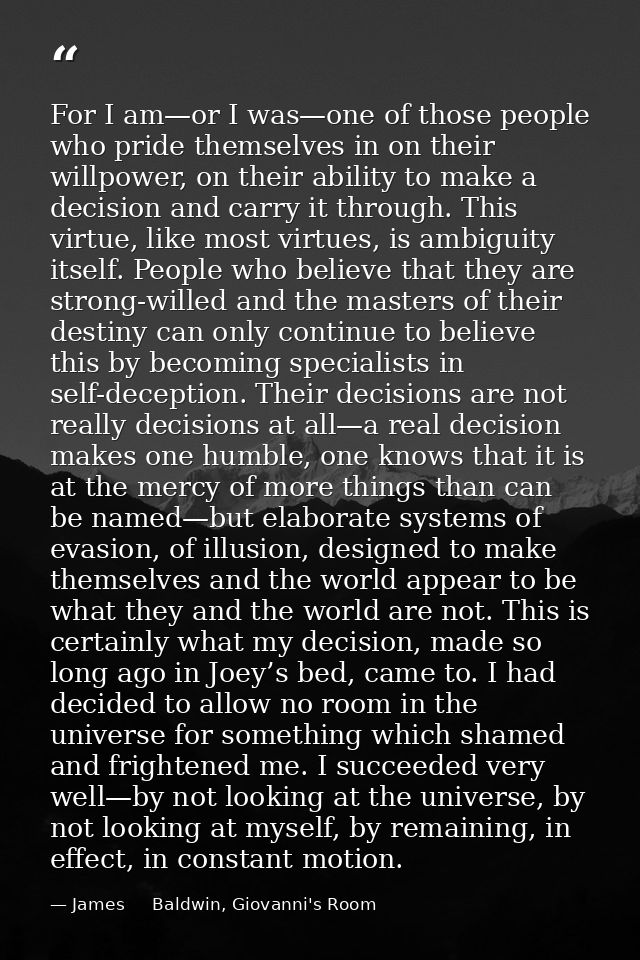 For I am—or I was—one of those people who pride themselves in on their willpower, on their ability to make a decision an — James     Baldwin, Giovanni's Room