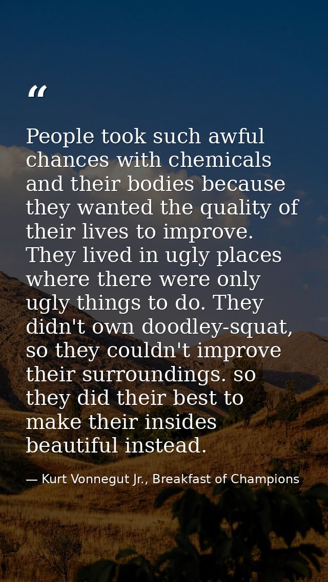 People took such awful chances with chemicals and their bodies because they wanted the quality of their lives to improve — Kurt Vonnegut Jr., Breakfast of Champions