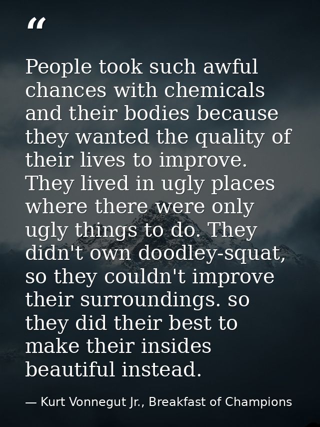 People took such awful chances with chemicals and their bodies because they wanted the quality of their lives to improve — Kurt Vonnegut Jr., Breakfast of Champions