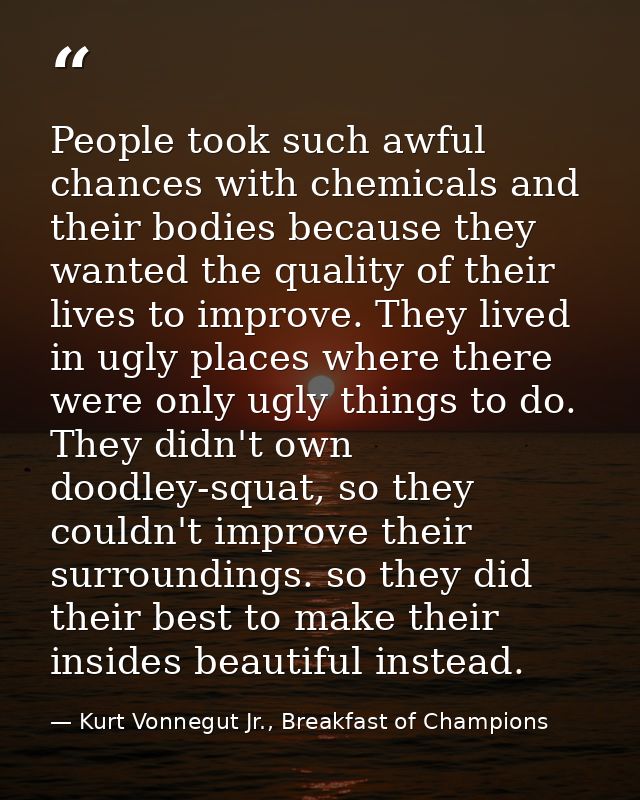 People took such awful chances with chemicals and their bodies because they wanted the quality of their lives to improve — Kurt Vonnegut Jr., Breakfast of Champions