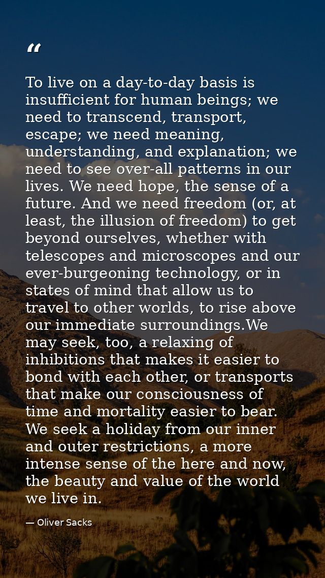 To live on a day-to-day basis is insufficient for human beings; we need to transcend, transport, escape; we need meaning — Oliver Sacks
