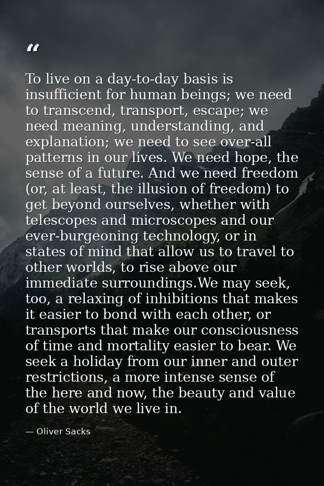 To live on a day-to-day basis is insufficient for human beings; we need to transcend, transport, escape; we need meaning — Oliver Sacks