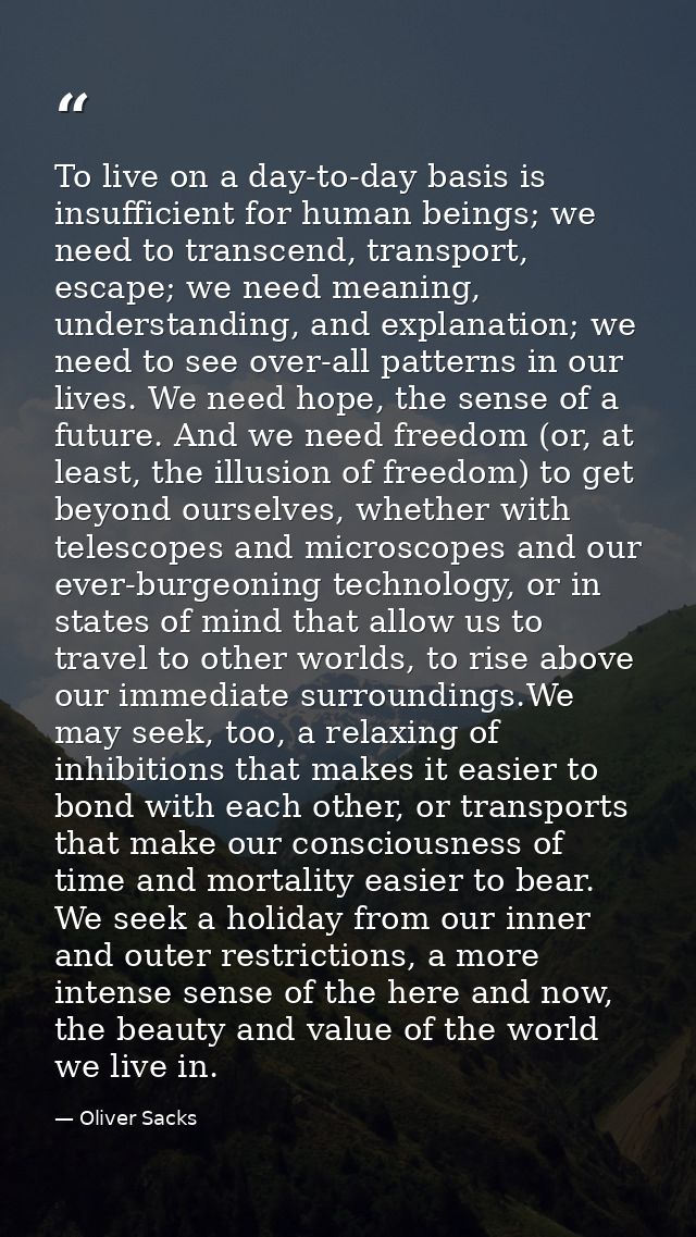 To live on a day-to-day basis is insufficient for human beings; we need to transcend, transport, escape; we need meaning — Oliver Sacks