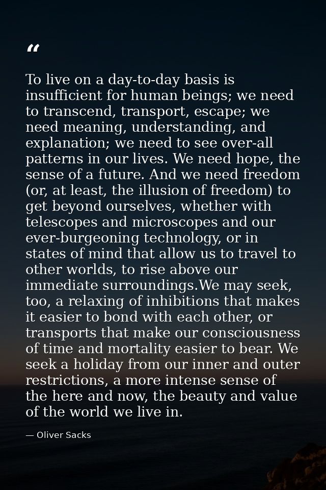 To live on a day-to-day basis is insufficient for human beings; we need to transcend, transport, escape; we need meaning — Oliver Sacks