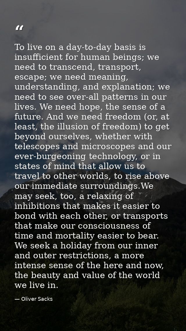 To live on a day-to-day basis is insufficient for human beings; we need to transcend, transport, escape; we need meaning — Oliver Sacks