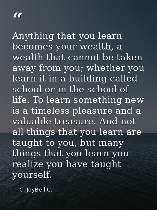 Anything that you learn becomes your wealth, a wealth that cannot be taken away from you; whether you learn it in a buil — C. JoyBell C.