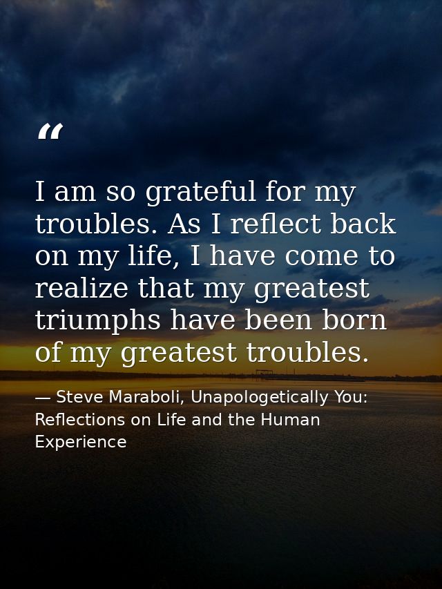 I am so grateful for my troubles. As I reflect back on my life, I have come to realize that my greatest triumphs have be — Steve Maraboli, Unapologetically You: Reflections on Life and the Human Experience