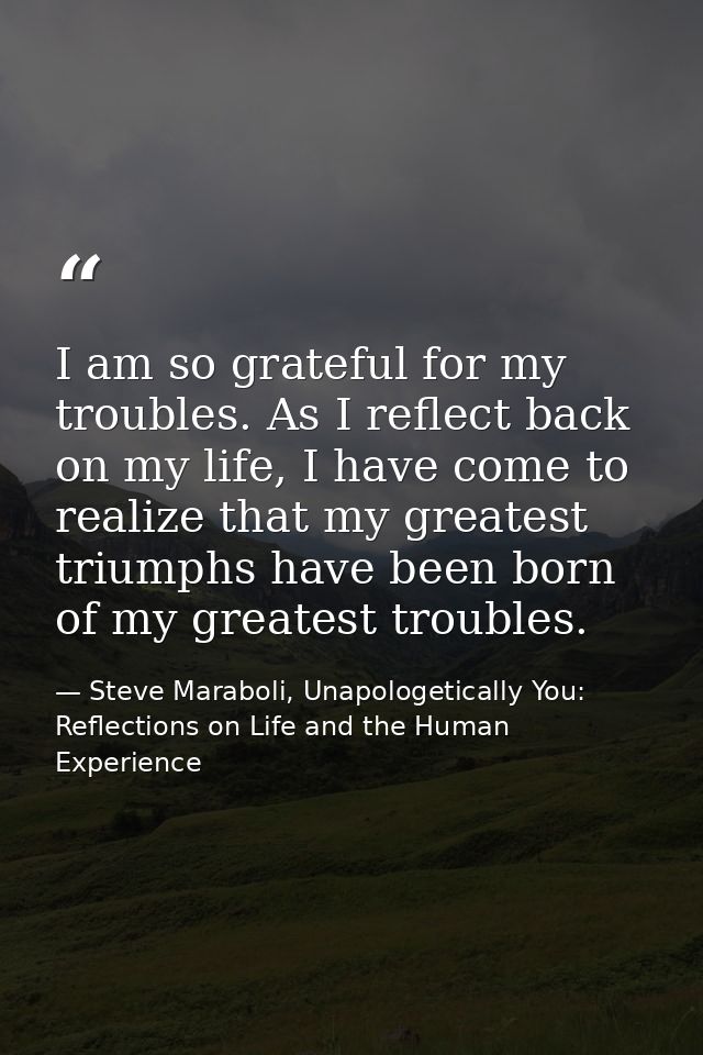 I am so grateful for my troubles. As I reflect back on my life, I have come to realize that my greatest triumphs have be — Steve Maraboli, Unapologetically You: Reflections on Life and the Human Experience