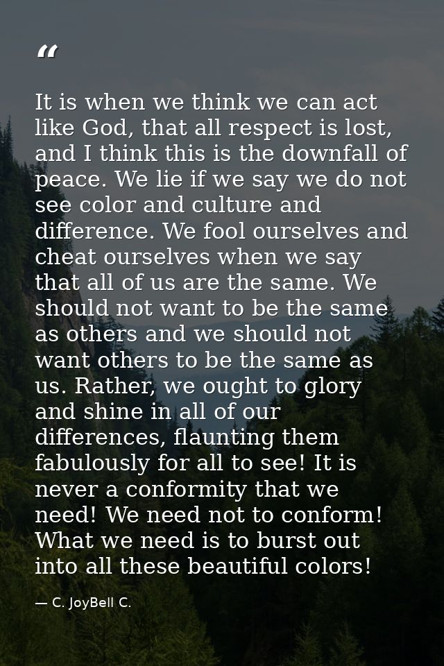It is when we think we can act like God, that all respect is lost, and I think this is the downfall of peace. We lie if  — C. JoyBell C.