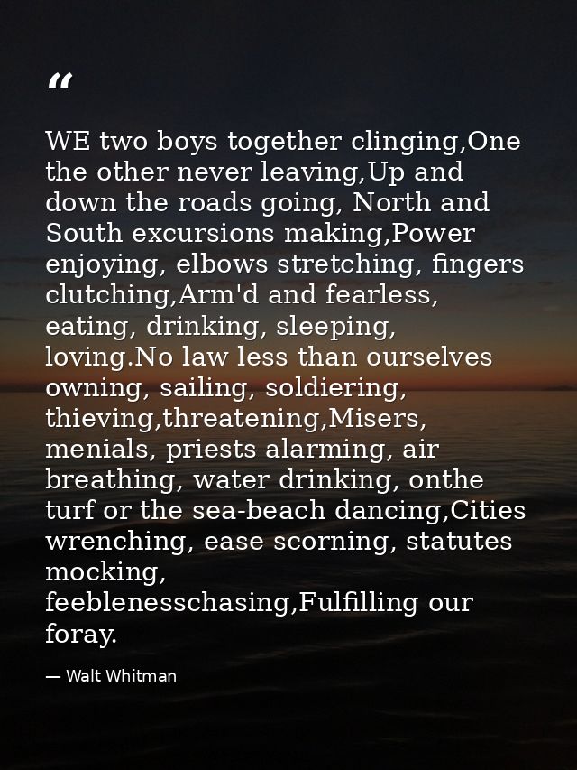 WE two boys together clinging,One the other never leaving,Up and down the roads going, North and South excursions making — Walt Whitman