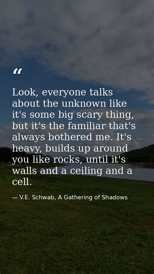 Look, everyone talks about the unknown like it's some big scary thing, but it's the familiar that's always bothered me.  — V.E. Schwab, A Gathering of Shadows