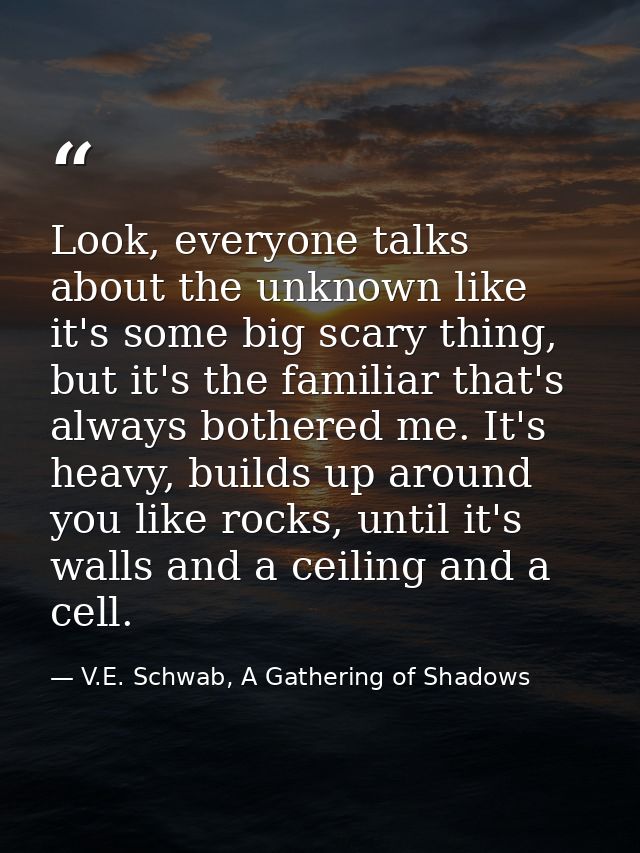 Look, everyone talks about the unknown like it's some big scary thing, but it's the familiar that's always bothered me.  — V.E. Schwab, A Gathering of Shadows