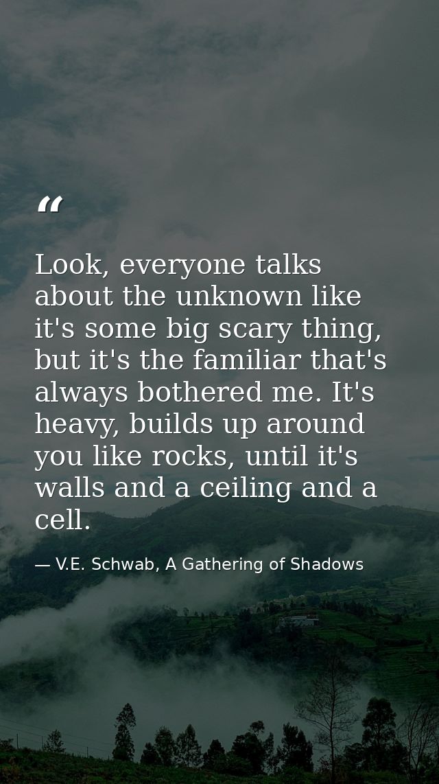 Look, everyone talks about the unknown like it's some big scary thing, but it's the familiar that's always bothered me.  — V.E. Schwab, A Gathering of Shadows
