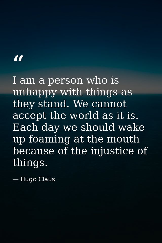 I am a person who is unhappy with things as they stand. We cannot accept the world as it is. Each day we should wake up  — Hugo Claus