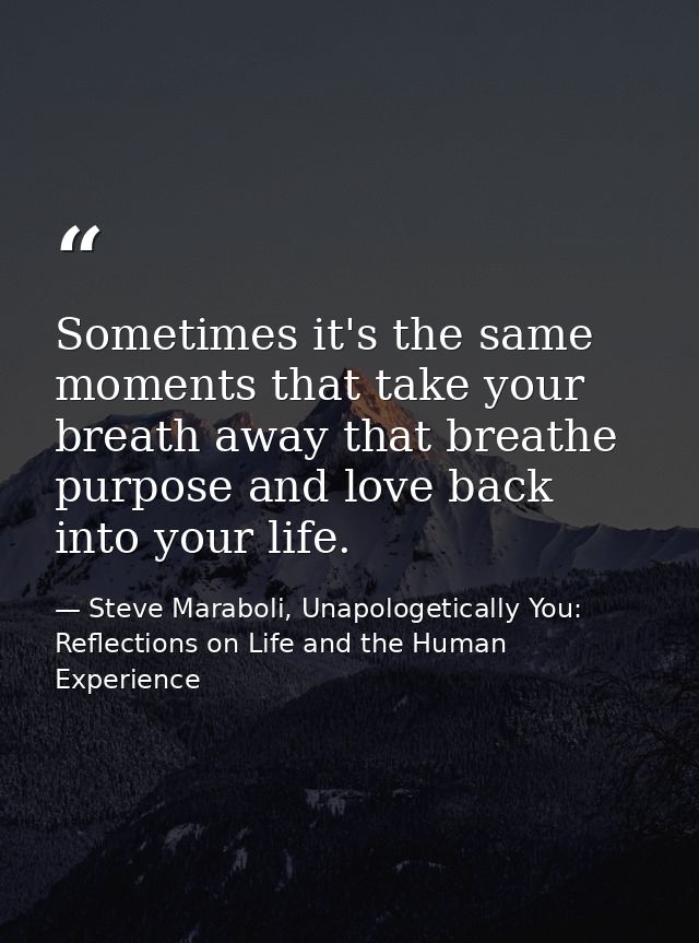 Sometimes it's the same moments that take your breath away that breathe purpose and love back into your life. — Steve Maraboli, Unapologetically You: Reflections on Life and the Human Experience
