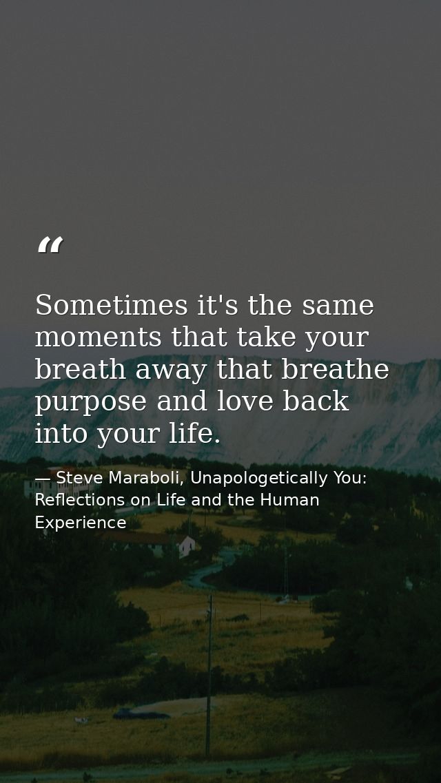 Sometimes it's the same moments that take your breath away that breathe purpose and love back into your life. — Steve Maraboli, Unapologetically You: Reflections on Life and the Human Experience