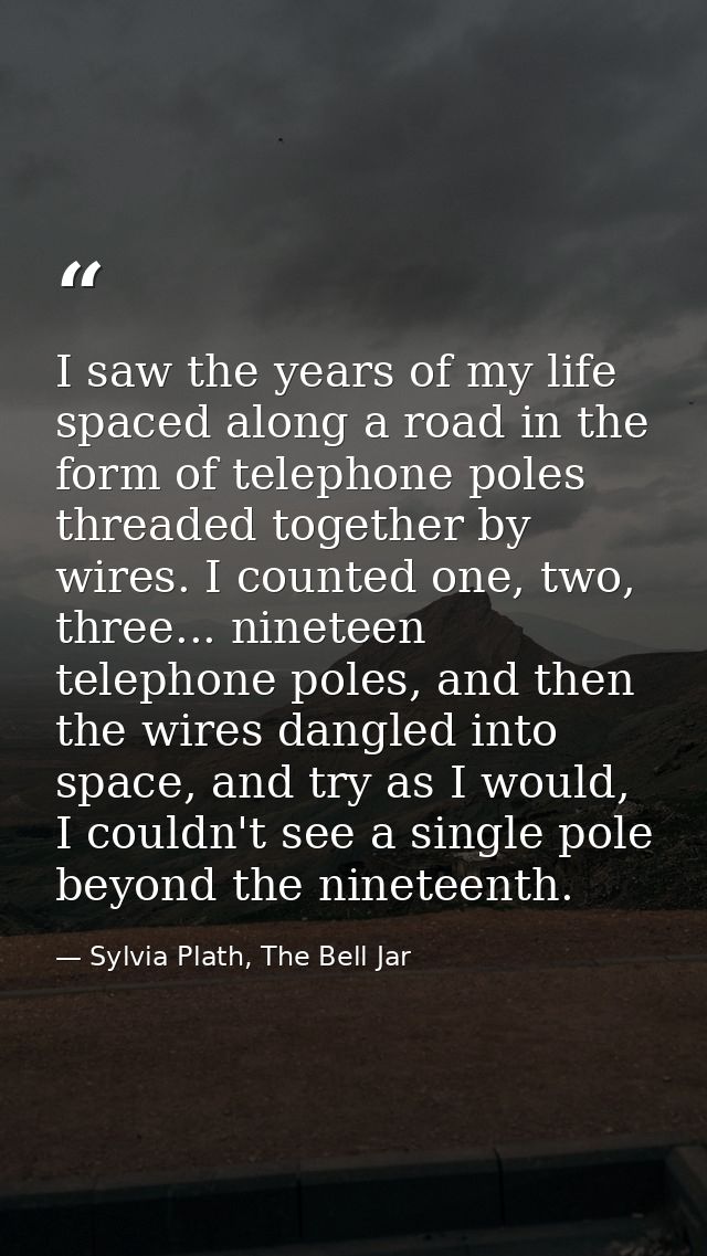 I saw the years of my life spaced along a road in the form of telephone poles threaded together by wires. I counted one, — Sylvia Plath, The Bell Jar