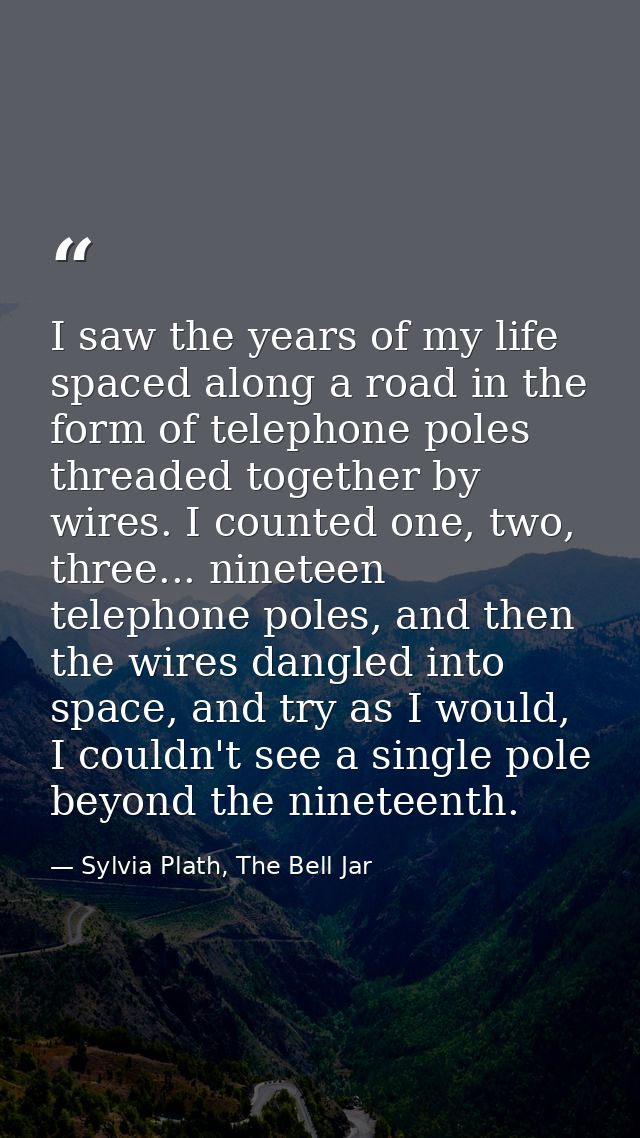 I saw the years of my life spaced along a road in the form of telephone poles threaded together by wires. I counted one, — Sylvia Plath, The Bell Jar