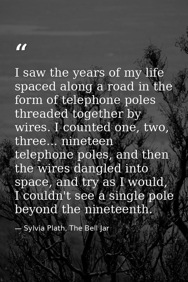 I saw the years of my life spaced along a road in the form of telephone poles threaded together by wires. I counted one, — Sylvia Plath, The Bell Jar