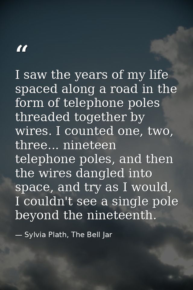 I saw the years of my life spaced along a road in the form of telephone poles threaded together by wires. I counted one, — Sylvia Plath, The Bell Jar