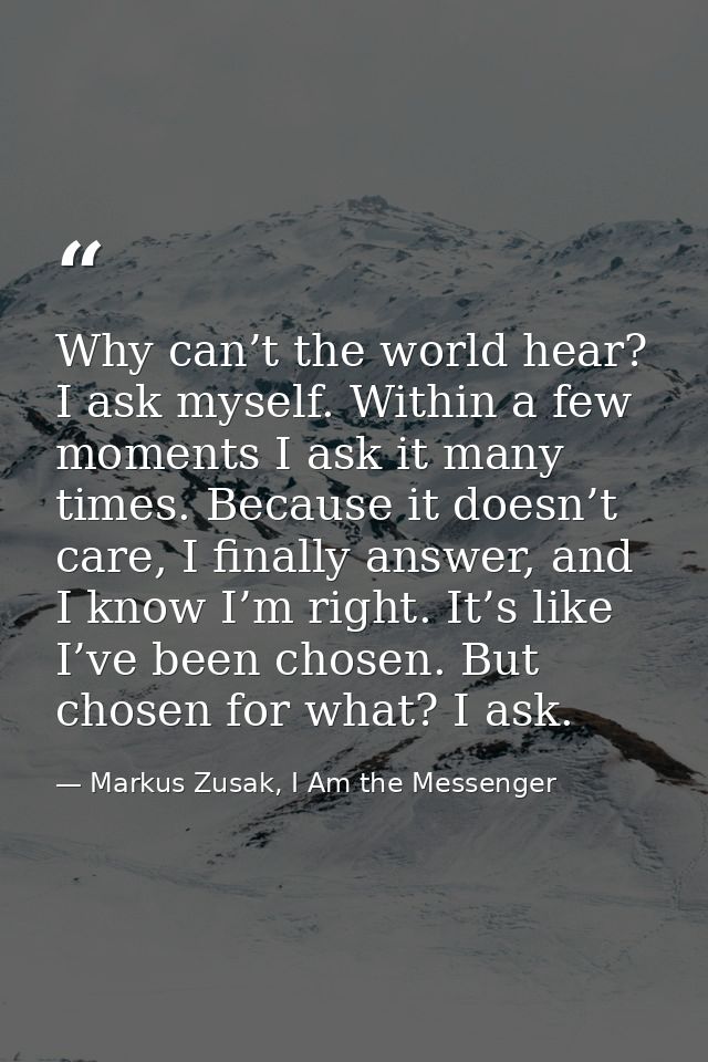 Why can’t the world hear? I ask myself. Within a few moments I ask it many times. Because it doesn’t care, I finally ans — Markus Zusak, I Am the Messenger