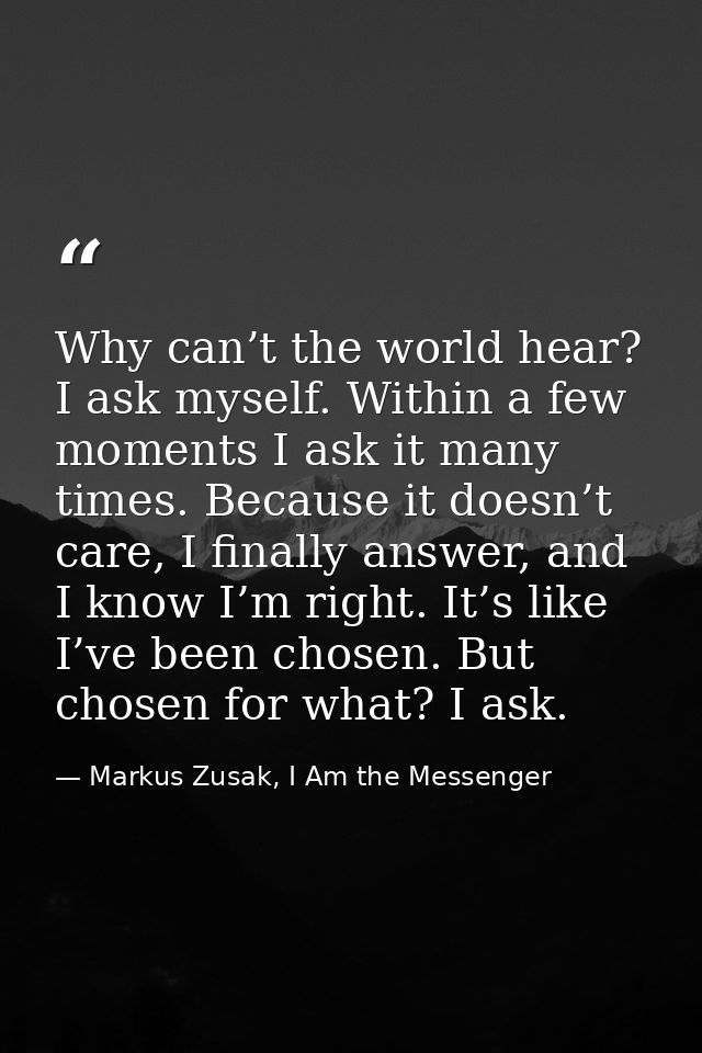 Why can’t the world hear? I ask myself. Within a few moments I ask it many times. Because it doesn’t care, I finally ans — Markus Zusak, I Am the Messenger