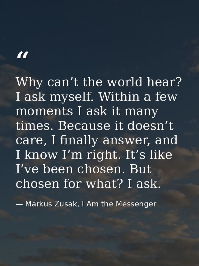 Why can’t the world hear? I ask myself. Within a few moments I ask it many times. Because it doesn’t care, I finally ans — Markus Zusak, I Am the Messenger