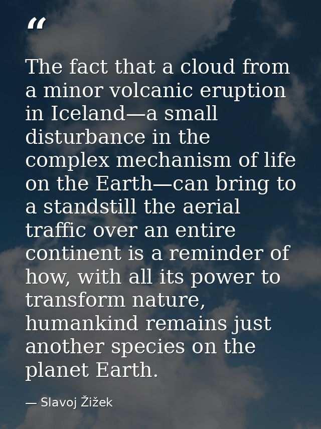 The fact that a cloud from a minor volcanic eruption in Iceland—a small disturbance in the complex mechanism of life on  — Slavoj Žižek