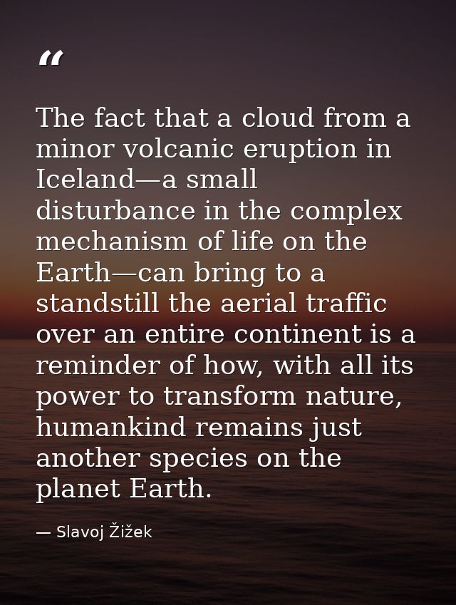 The fact that a cloud from a minor volcanic eruption in Iceland—a small disturbance in the complex mechanism of life on  — Slavoj Žižek