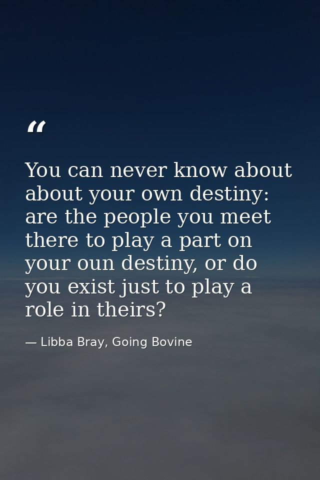 You can never know about about your own destiny: are the people you meet there to play a part on your oun destiny, or do — Libba Bray, Going Bovine