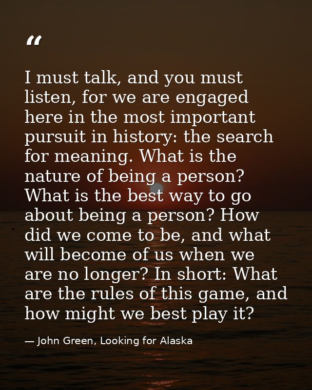 I must talk, and you must listen, for we are engaged here in the most important pursuit in history: the search for meani — John Green, Looking for Alaska