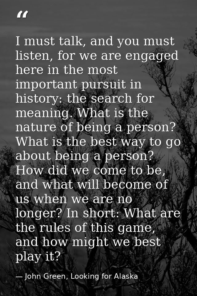 I must talk, and you must listen, for we are engaged here in the most important pursuit in history: the search for meani — John Green, Looking for Alaska