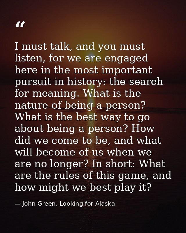 I must talk, and you must listen, for we are engaged here in the most important pursuit in history: the search for meani — John Green, Looking for Alaska