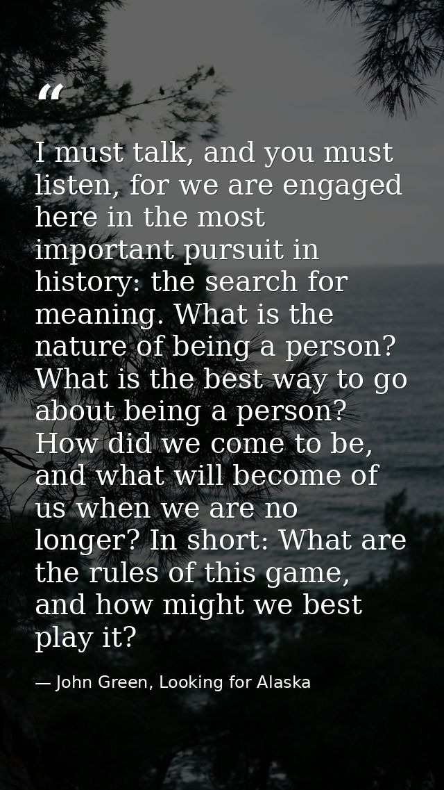 I must talk, and you must listen, for we are engaged here in the most important pursuit in history: the search for meani — John Green, Looking for Alaska