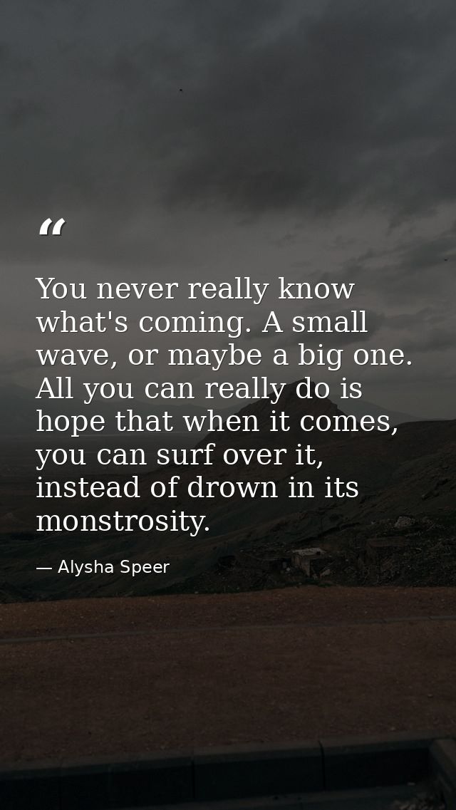 You never really know what's coming. A small wave, or maybe a big one. All you can really do is hope that when it comes, — Alysha Speer