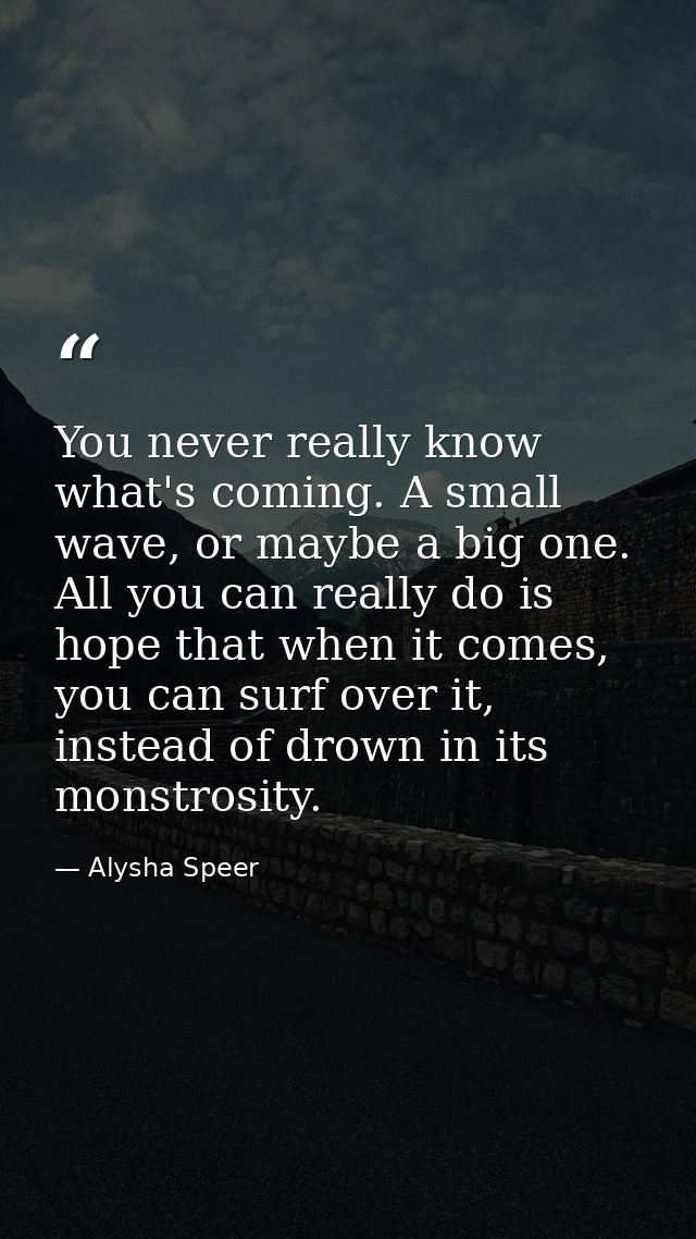 You never really know what's coming. A small wave, or maybe a big one. All you can really do is hope that when it comes, — Alysha Speer